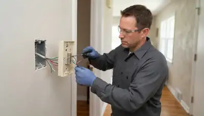 Electrician installs an intercom station and terminates control wiring in a Peoria, IL home