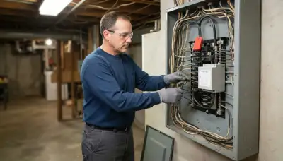 Electrician installs a whole-home surge protector at a main electrical panel in Peoria, IL