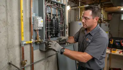 Electrician installs surge protection and bonding jumpers at a Peoria, IL home service panel