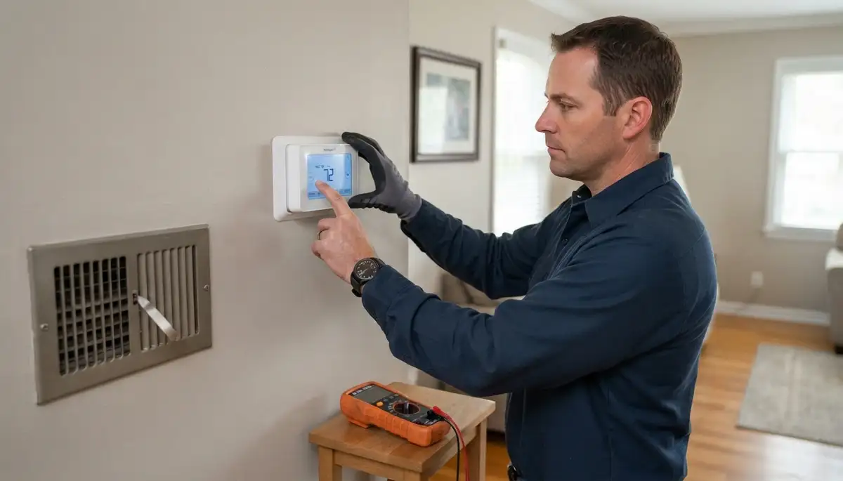 Electrician tests a newly installed thermostat in heating and cooling modes in Peoria, IL
