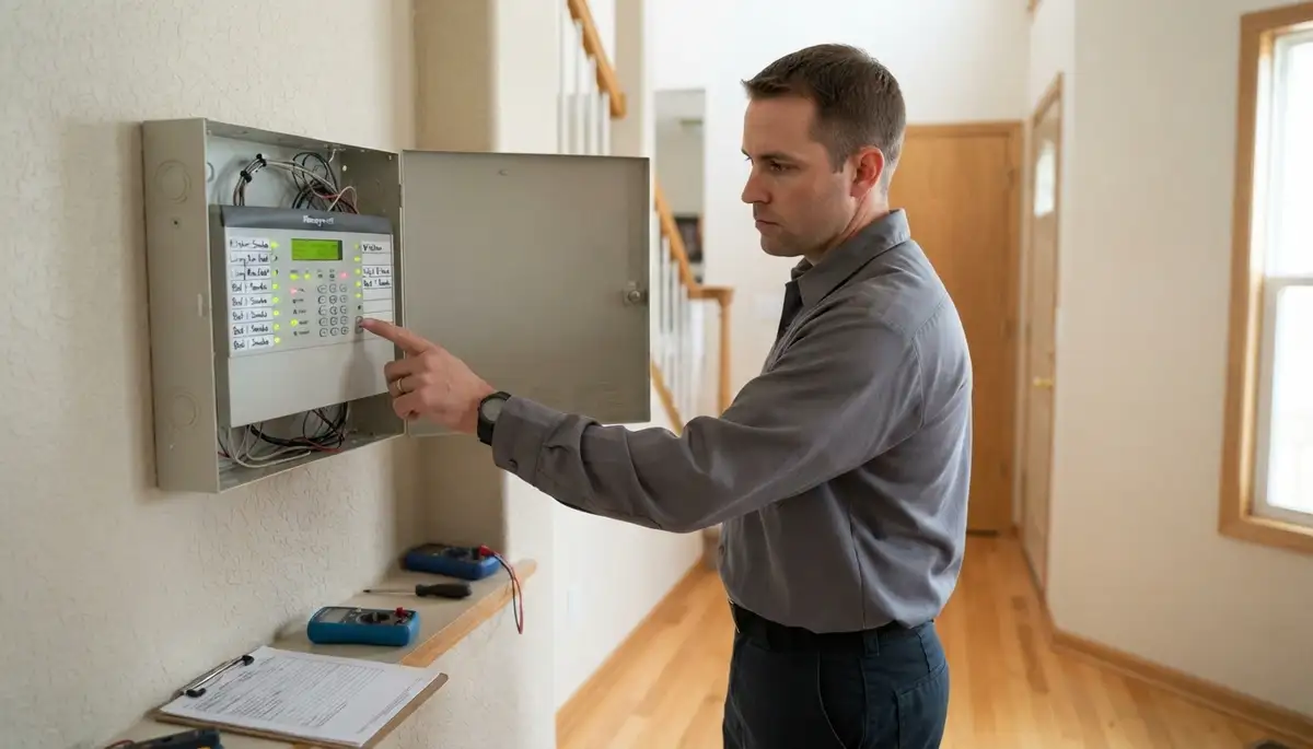 Electrician in Peoria, IL tests fire alarm panel zones during a system verification walkthrough