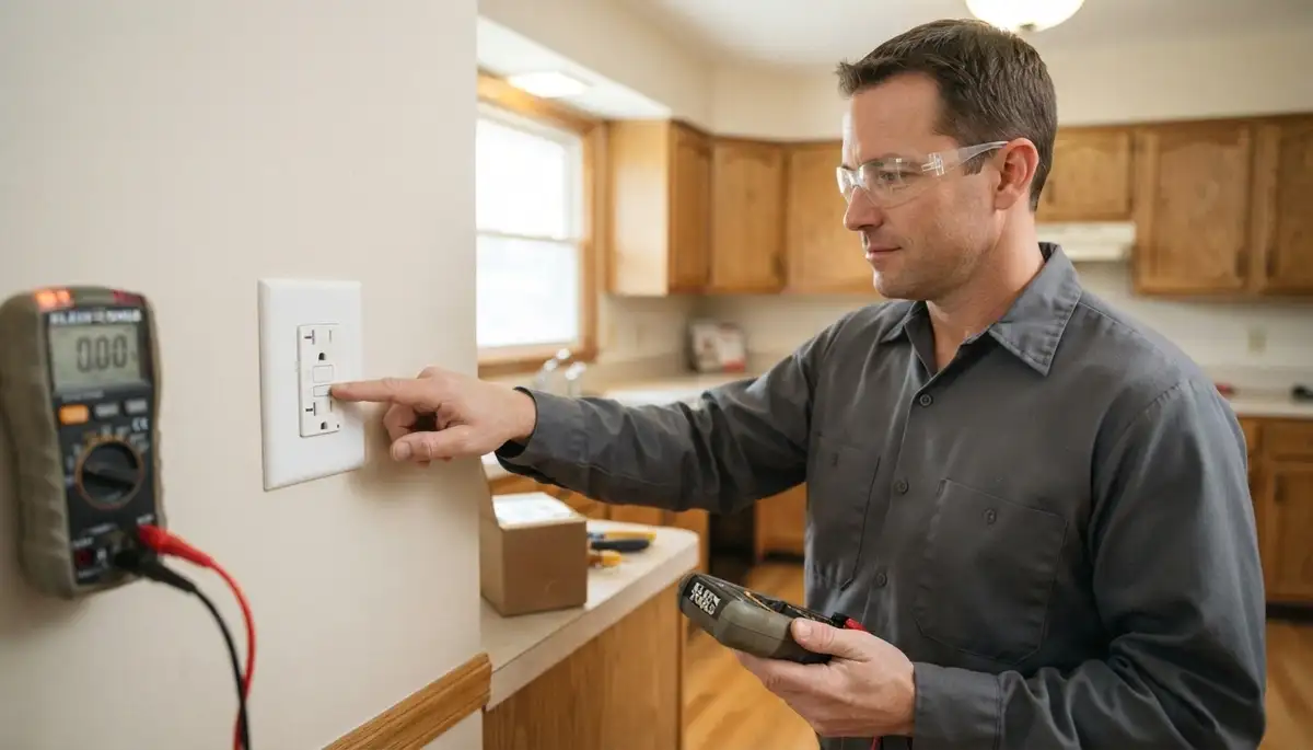 Peoria, IL electrician tests a newly installed GFCI outlet in a home bathroom
