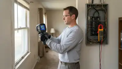 Electrician using thermal camera to assess window heat loss and electrical loads during a Peoria, IL home energy audit