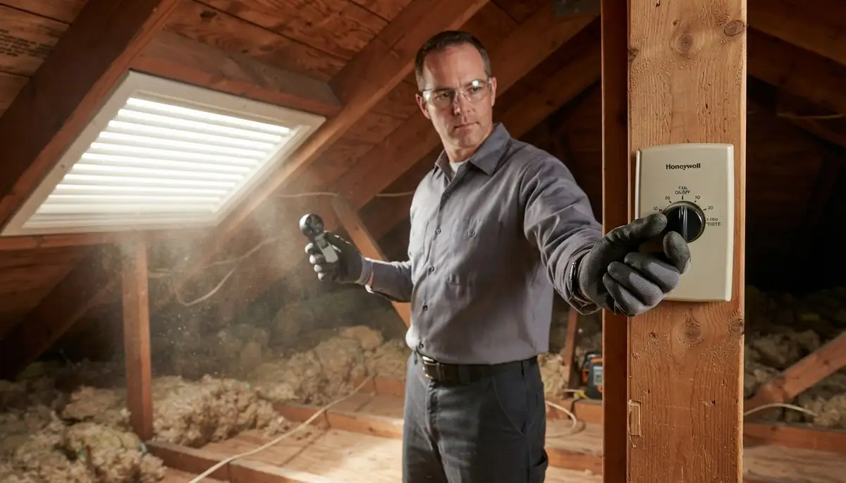 Electrician adjusts attic fan thermostat to verify airflow through soffit vents in Peoria, IL