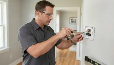 Electrician wiring labeled thermostat terminals during installation in Peoria, IL