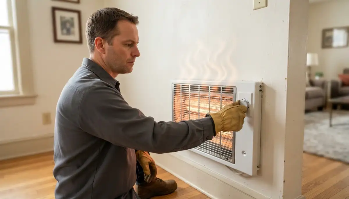 Technician in Peoria, IL adjusts an electric heater thermostat and verifies warm air output