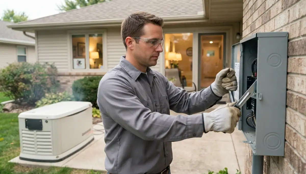 Peoria, IL electrician operates a generator transfer switch to verify backup power during an outage