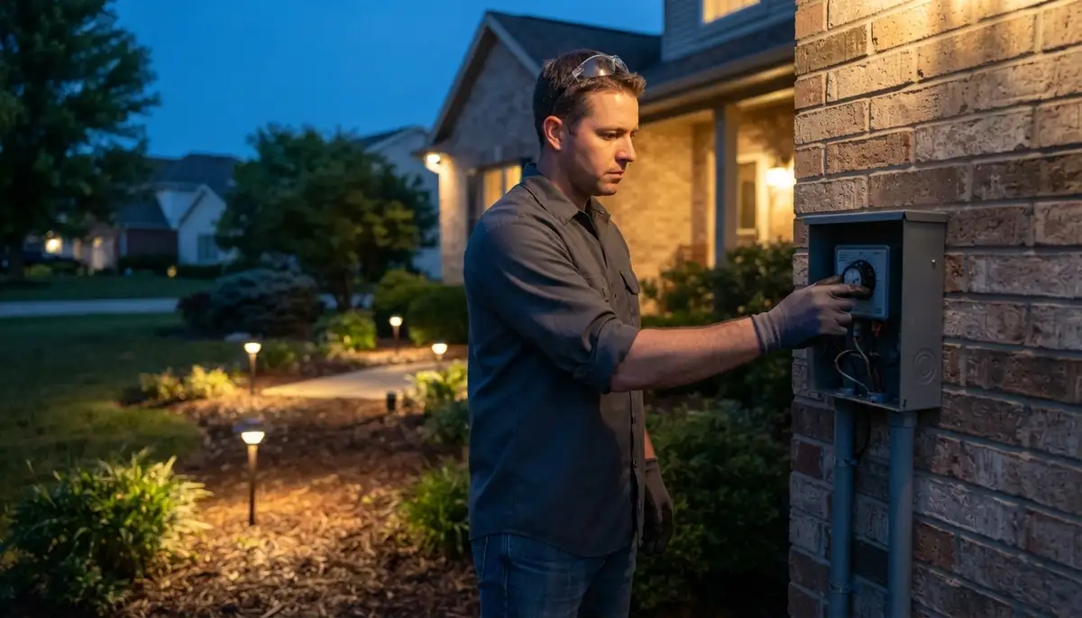 Electrician adjusts a low-voltage landscape lighting timer as path lights illuminate a Peoria, IL yard at dusk