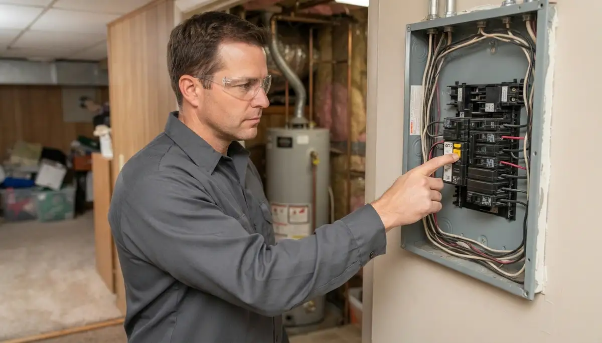 Electrician pressing a GFCI breaker test button during trip verification in a Peoria, IL home