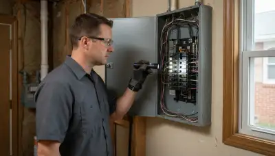 Electrician performing a whole-home electrical inspection in Chillicothe, IL with a voltage tester