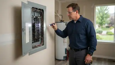 Electrician inspecting a home electrical panel and branch circuits during a whole-home inspection in Deer Creek, IL