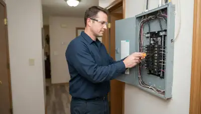 Licensed electrician in Peoria, IL uses a voltage tester during a whole-home electrical assessment