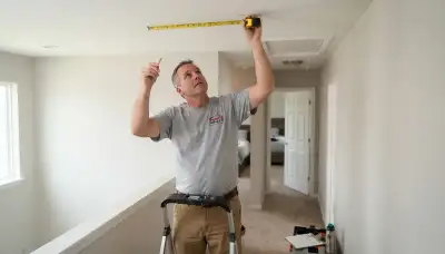 Electrician measures hallway ceiling for whole-house fan installation in Peoria, IL
