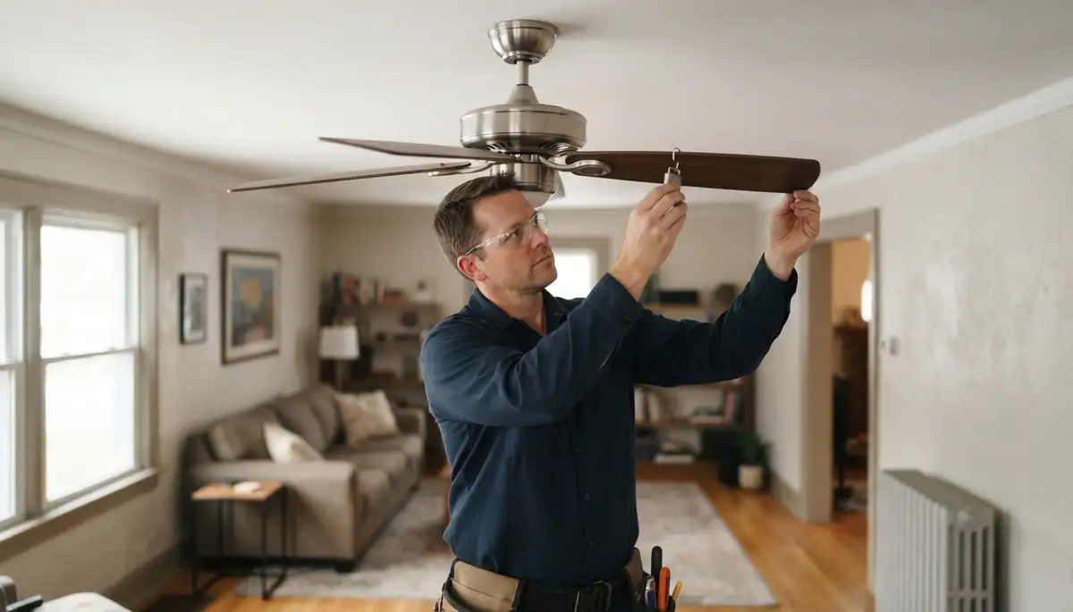 Ceiling fan repair technician clips a balancing weight onto a blade in a Peoria, IL home