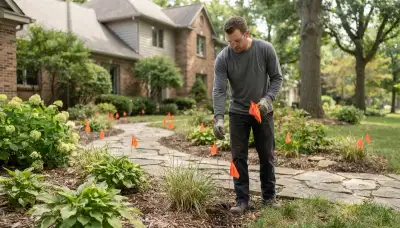 Electrician planning landscape lighting fixture placement along a Peoria, IL pathway with marker stakes